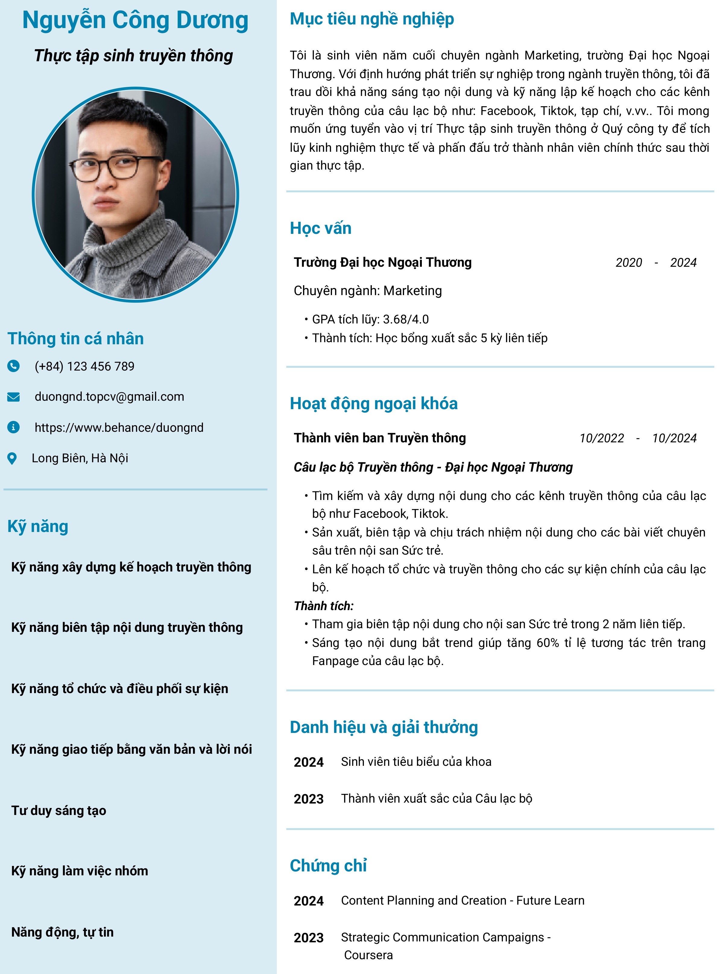 Mẫu CV Thực tập sinh truyền thông